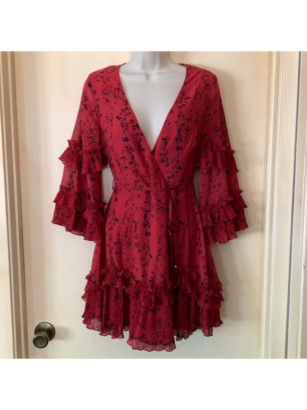 Saints and secrets red and black bell sleeve dress size XS